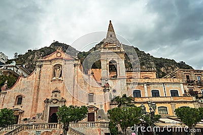 Baroque facade and stairs of Chiesa di San Giuseppe in the city of Taormina Stock Photo