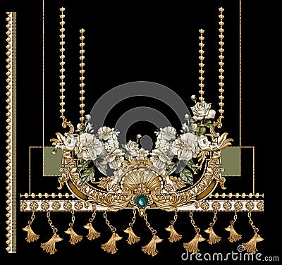 baroque floral black and gold border composition Stock Photo