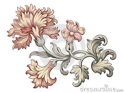 Rose peony carnation flower vintage pink Baroque Victorian floral ornament frame border golden leaf scroll red pattern tattoo vect Vector Illustration