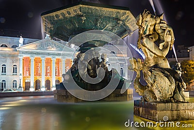 Baroque fountain detail at night. Rossio square. Lisbon. Portugal Editorial Stock Photo