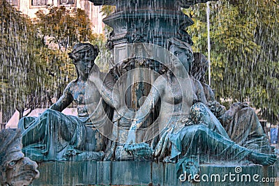 Baroque Fountain in Dom Pedro IV square Stock Photo