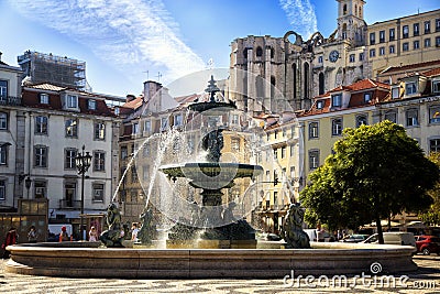 Baroque fountain at rossio square, Lisbon Editorial Stock Photo