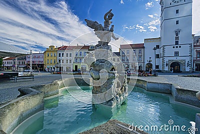Baroque fountain in Vyskov town with City Hall tower Editorial Stock Photo