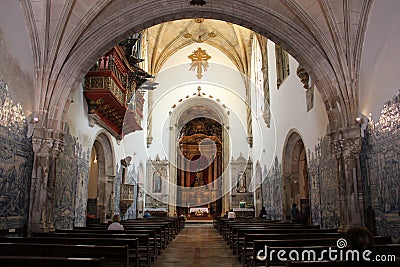 Baroque interior the church of the Monastery of Santa Cruz, decorated with azulejo panels, Coimbra, Portugal Editorial Stock Photo