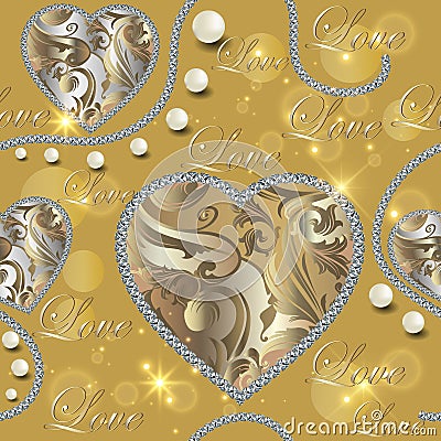 Baroque jewellery ornamental 3d vector seamless pattern. Diamonds ornamental shiny love background. Pearls jewelry ornate repeat Vector Illustration