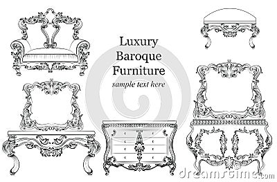 Baroque luxury style furniture set collection. Upholstery with luxurious rich ornaments. French carved decoration Vector Illustration