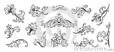 Baroque ornament. Vintage floral border elements, engraved leaves and frame filigree arabesque. Vector decorative Vector Illustration