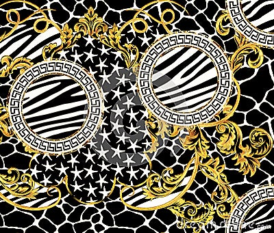 Baroque Pattern Design with Graphic Zebra Giraffe Skin and Stars Design Stock Photo