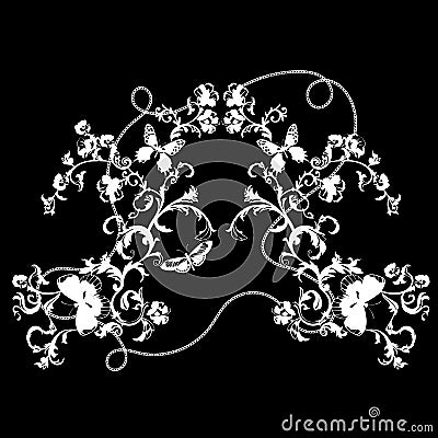 Baroque pattern with silhouette of chains and flowers. Vector floral patch for print and carving. Vector Illustration