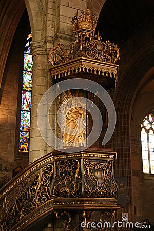 baroque pulpit in a medieval church (notre-dame-du-roncier basilica) in josselin in brittany (france) Stock Photo