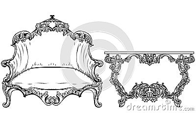 Baroque Rococo furniture Vector. Rich Imperial rose ornaments. Royal Victorian decors Vector Illustration