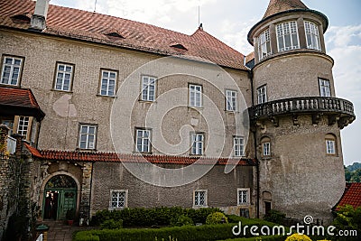 Baroque romantic castle Nove mesto nad Metuji, Italian garden, renaissance chateau with small round tower, English mansion with Editorial Stock Photo