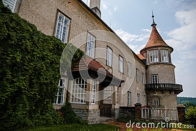 Baroque romantic castle Nove mesto nad Metuji, Italian garden, renaissance chateau with small round tower, English mansion with Editorial Stock Photo