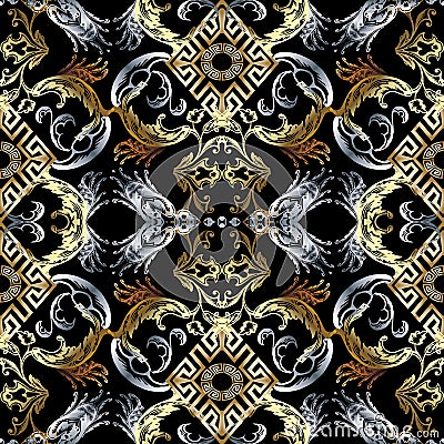 Baroque seamless pattern. Black vector damask background wallpaper with vintage gold silver flowers, scroll leaves, rhombus, mean Vector Illustration