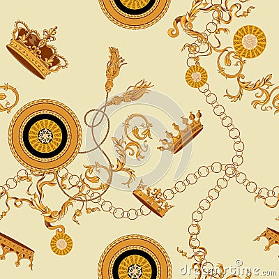 Baroque seamless pattern with chains and crowns. Vector patch for print, fabric, scarf. Vector Illustration