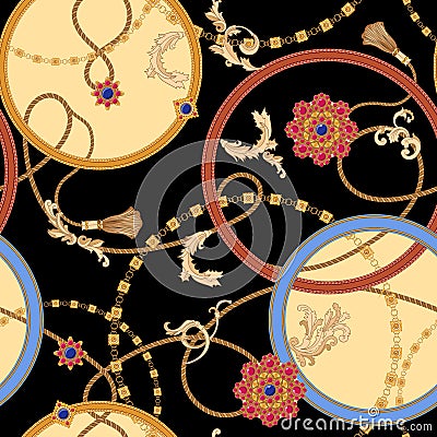 Baroque seamless pattern with chains, gems and ropes. Vector patch for print, fabric, scarf Vector Illustration