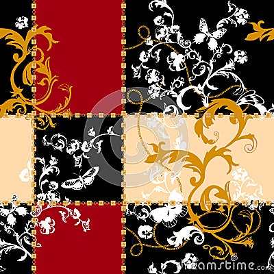 Baroque seamless pattern with chains. Vector patch for print, fabric, scarf. Vector Illustration