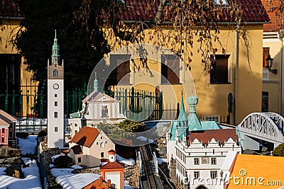 Baroque St. Stephens Cathedral with the tower, Railway model Male Litomerice, Miniature city with landmark and toy railroad with Editorial Stock Photo