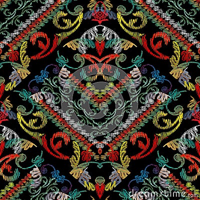 Baroque striped floral embroidery seamless pattern. Vector grunge texture. Colorful tapestry vintage flowers pattern with Vector Illustration