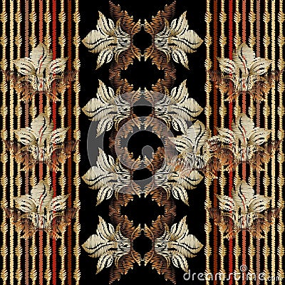 Baroque striped floral embroidery seamless pattern. Vector Illustration