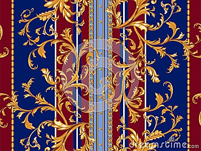 Baroque striped seamless pattern with golden leaves and chains. Striped patch for scarfs, print, fabric Vector Illustration