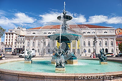 Baroque style bronze fountains on Rossio square. Lisbon. Portugal Editorial Stock Photo