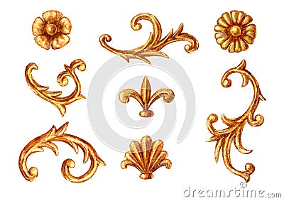 Baroque style elements. Watercolor hand drawn vintage engraving floral scroll filigree frame design set Stock Photo