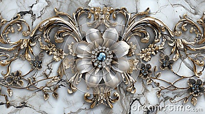 Baroque Style Ornate Floral Golden Decoration on Marble. Stock Photo