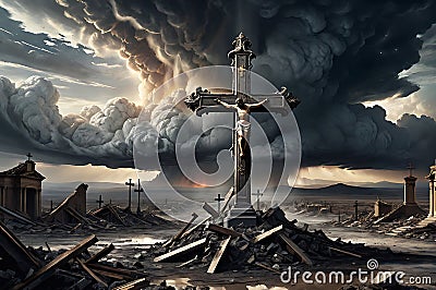 Baroque-Style Painting of a Christian Cross Standing Unscathed Atop the Remnants of a Shattered Landscape Stock Photo