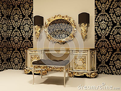 Baroque table with mirror on the wallpaper backgro Stock Photo