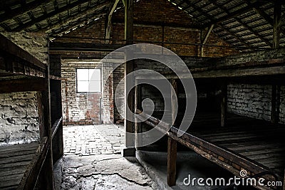 Barrack inside living room concentration camp Auschwitz Birkenau KZ Poland Editorial Stock Photo