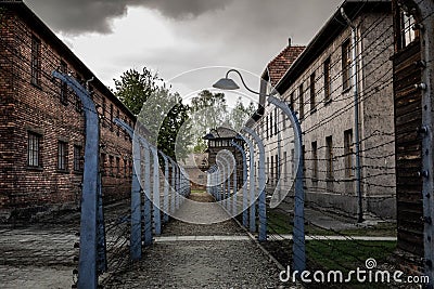 Barracks and fence, German prison Auschwitz II Editorial Stock Photo