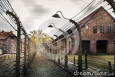Barracks and fence, German prison Auschwitz II Editorial Stock Photo