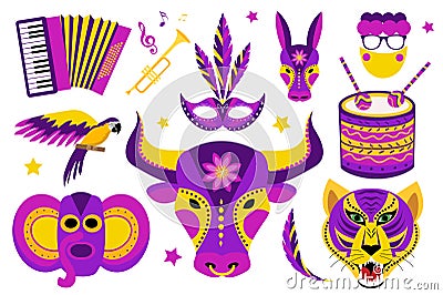 Barranquilla Carnival icons set. Colombian carnaval party collection of design elements with masks, button accordion Vector Illustration