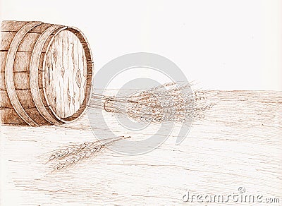 Barrel of beer. Wheat on the table. Wooden table Stock Photo