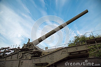 The barrel of the gun installation-the marine railway artillery Transporter TM-3-12 caliber 305 mm, USSR. Stock Photo