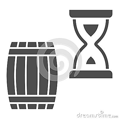 Barrel and hourglass solid icon, Wine festival concept, Aging of wine sign on white background, Exposure of wine in Vector Illustration