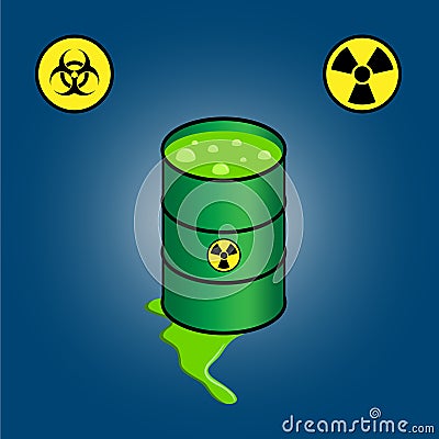 Barrel leaking toxic waste + icons of biohazard and radioactivity Vector Illustration