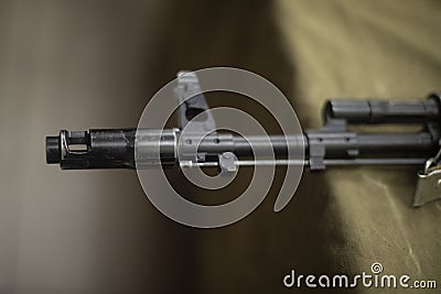 Barrel of machine gun. Russian weapons. Muzzle of firearm Stock Photo