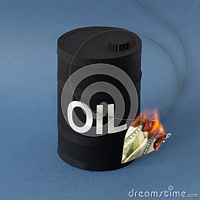 Barrel of oil and falling burning dollar plane Stock Photo