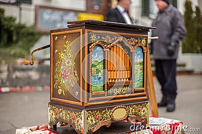 A barrel organ at a Christmas market in Switzerland - 2 Stock Photo