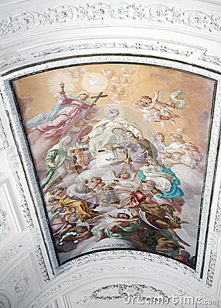 Barrel vault with painting fresco of the apotheosis of San Romuald by Mozzillo from 1792 Editorial Stock Photo