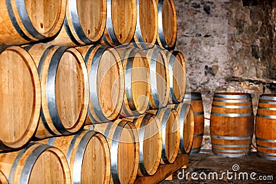 Barrel of wine in winery. Stock Photo