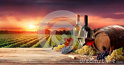Barrel Wineglasses And Bottle In Vineyard Stock Photo