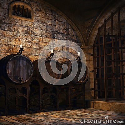 Barrels and candles in a cellar Stock Photo