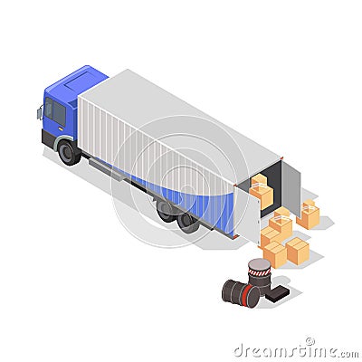 Barrels, cardboard boxes or wooden crates are next to lorry for loading and transportation. Vector Illustration