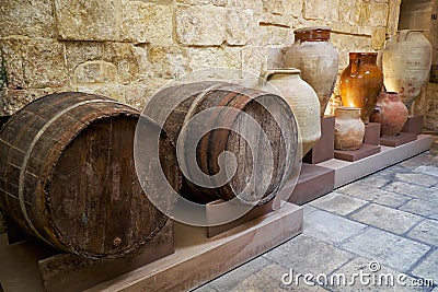 Barrels and ceramic vases in the kitchen area of the Inquisitor` Editorial Stock Photo