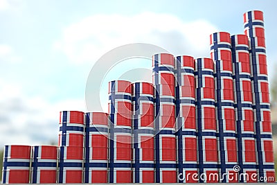 Barrels with flag of Norway form rising chart or upwards trend. Oil industry success concept, 3D rendering Stock Photo