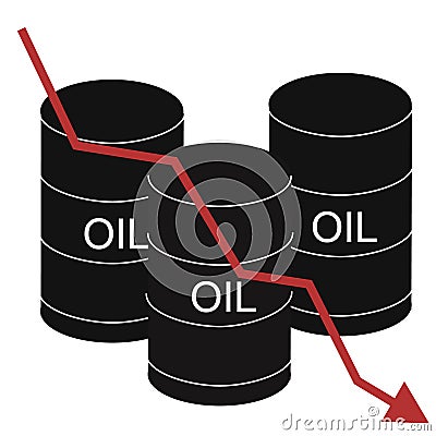 Barrels of oil with red falling arrow of the economic chart. Financial world crisis and global oil trade concept. Down of oil Cartoon Illustration