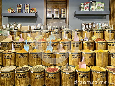 Barrels with spices on the counter of the store. A variety of Turkish cooking spices. Grocery and souvenir shop, Turkey, Fethia - Editorial Stock Photo